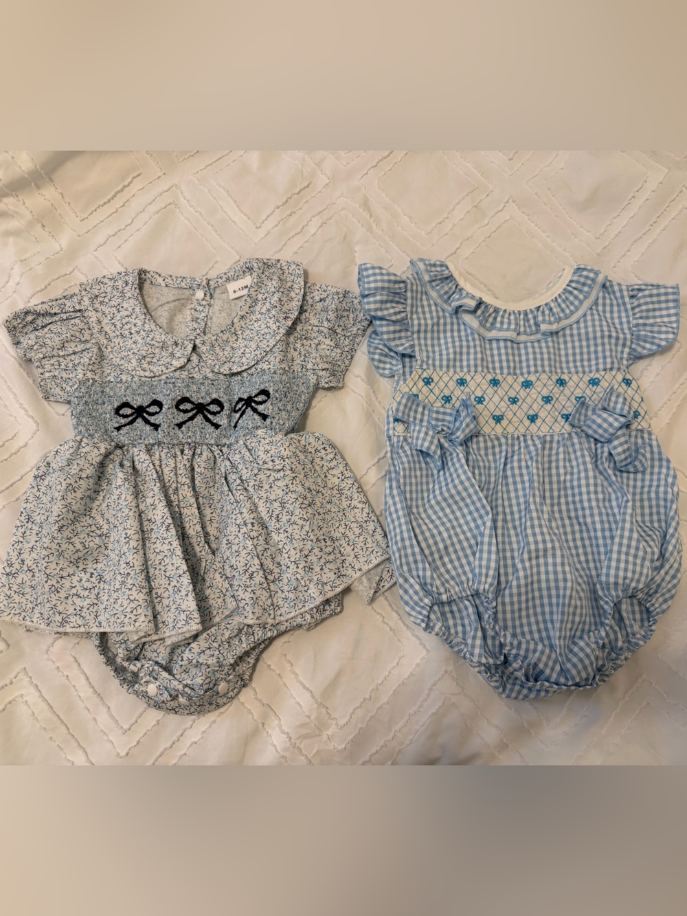 Sweet Blue Floral & Gingham Baby Romper Bow Bundle